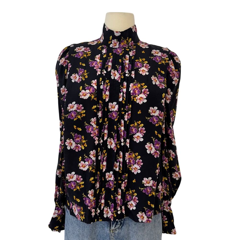 Zadig & Voltaire Pleated Silk Blouse Peonies Show Mock Neck Black Multi M